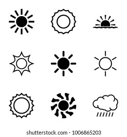 Sunshine icons. set of 9 editable filled and outline sunshine icons such as sun