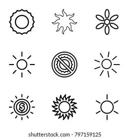 Sunshine icons. set of 9 editable outline sunshine icons such as sun, no brightness