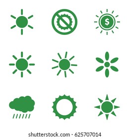 Sunshine icons set. set of 9 sunshine filled icons such as sun, no brightness