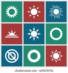 Sunshine icons set. set of 9 sunshine filled icons such as sun, sun rise