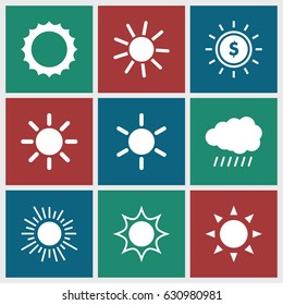 Sunshine icons set. set of 9 sunshine filled icons such as sun