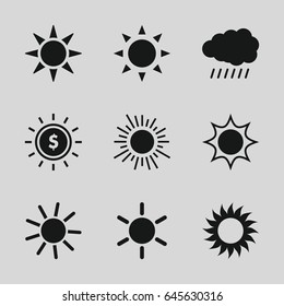 Sunshine icons set. set of 9 sunshine filled icons such as sun