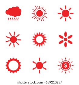 Sunshine icons set. set of 9 sunshine filled icons such as sun