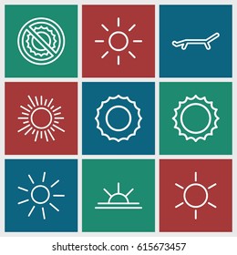 Sunshine icons set. set of 9 sunshine outline icons such as sun, sun rise