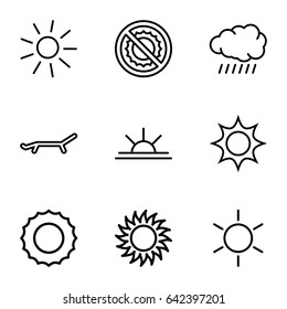 Sunshine icons set. set of 9 sunshine outline icons such as sun, sun rise