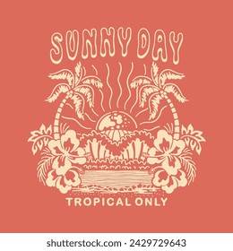 sunshine illustration beach graphic waves design palm badge tropical flowers botanical hippie