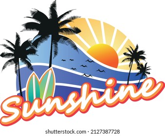 Sunshine illustration. Illustration prited design. Sun and summer.