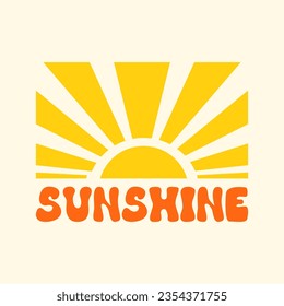 Sunshine lettering word with sun. Vector flat illustration in groovy retro 1970 style.