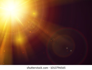 Sunshine Light Effect with Copy Space. Gold Warm Sun Rays with Transparency. Realistic Holy Sunlight with Beams, Glow, Flare, Solar Dust. Magic Sunbeams. Realistic Sunset or Sunrise.