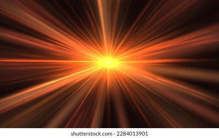 Sunshine and light speed effect. Background with sun glare or burst of light with rays. Daylight and shining luminescence explosion. Vector illustration
