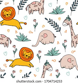 Sunshine lion, elephant and giraffe pattern with leaves and flowers. Endless drawing of the king. Hand drawn cute print for posters, cards, t-shirts