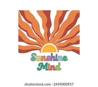 Sunshine Mind Sunset Summer paradise retro vintage. sunshine peace of mind. Long beach, summer vibes hand draw, summer slogan with beach illustration, Summer good vibes palm tree.