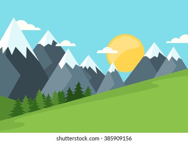 Sunshine morning in the mountains. Summer or spring landscape, vector background. Green meadows, pine forest, mountains and sun on blue sky. Flat style illustration of nature. 