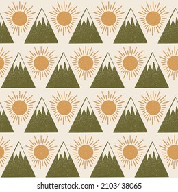 Sunshine and mountain block printing seamless pattern print background texture. Vector illustration. Great for kids, outdoor adventure lovers and home decor projects. Surface pattern design.