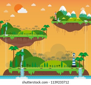 sunshine on island and mountain view. vector illustration