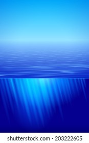Sunshine over calm water surface in blue, split view