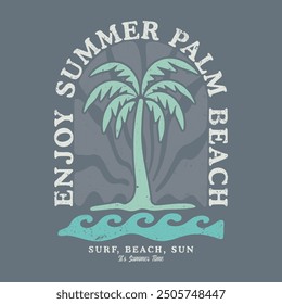 Sunshine Palm Beach diseño de la camiseta Obra de arte, arte moderno. Diseño de impresión gráfica retro de verano. Vibras de playa con diseño de Vector de boceto a mano. Obra de arte de la palmera. Ola de playa.