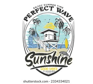 Sunshine. Palm tree, chair graphic print design. Enjoy summer time vector design. Summer retro graphic print design. Surfing board. Perfect wave. Lifeguard house. Good vibes t-shirt artwork.