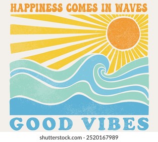 Sunshine paradise artwork. Abstract wave artwork. Happiness comes in wave. Summer good vibes vector graphic design for apparel, stickers, posters, background and others.