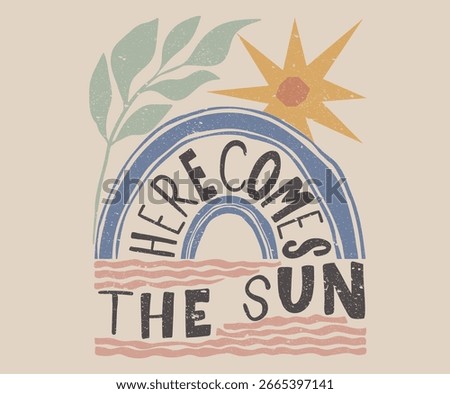 Sunshine paradise artwork. Abstract wave artwork. Here comes the sun. Happiness comes in wave. Summer good vibes vector graphic design for apparel, stickers, posters, background and others.
