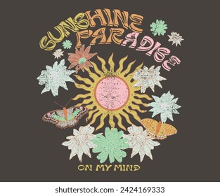 Sunshine paradise graphic design. Spring flower artwork. Butterfly artwork for t-shirt poster, sticker and others.