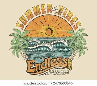 Sunshine paradise graphic print design. Tropical island art.  Ocean big wave hand sketch. Summer slogan t-shirt. Surf club design. Summer abstract art.