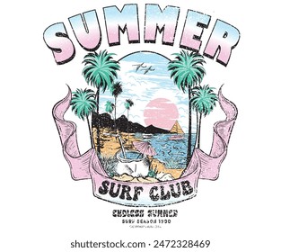 Sunshine Paradise Grafikdesign. Tropische Inselkunst. Design des Surfclubs. Sommer abstrakte Kunst. Ozean große Welle Hand Skizze. Sommer-Slogan-T-Shirt. 