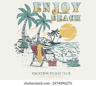  Sunshine paradise graphic print design. Enjoy beach life. Summer vibes artwork. Surf club design. Beach wave artwork.