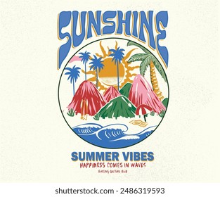 Sunshine paradise graphic print design. Tropical island design for fashion and others. summer slogan t-shirt. Beach abstract art for fashion. Big wave with surfing artwork. Mountain retro design.