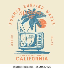 Sunshine paradise graphic print design. Surf day. Summer time. Beach vibes artwork for t shirt, Paradise t shirt graphics design, Palm tree vector design. Beach vibes t-shirt artwork. Palm tree design