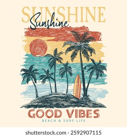 Sunshine paradise graphic print design. Sunshine paradise graphic print design. Tropical island art for fashion. Beach wave artwork. Surfing board. Summer abstract art. Summer slogan t-shirt