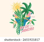 Sunshine print art. Tropical bird with flower graphic print design. Tropical paradise. Banana tree. Macaw paradise artwork. Tropical vibes t shirt artwork. Summer vibes artwork. Copacabana beach art.
