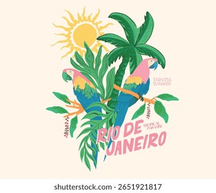Sunshine print art. Tropical bird with flower graphic print design. Tropical paradise. Banana tree. Macaw paradise artwork. Tropical vibes t shirt artwork. Summer vibes artwork. Copacabana beach art.