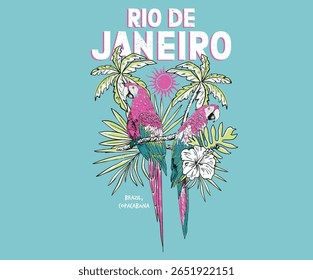 Sunshine print art. Tropical bird with flower graphic print design. Tropical vibes t shirt artwork. Summer vibes artwork. Copacabana beach art. Tropical paradise. Banana tree. Macaw paradise artwork.