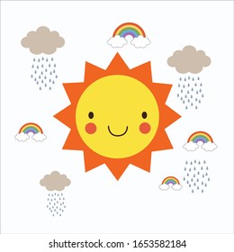 Sun-Muster, Sun-Hintergrund, Stockillustration der Vektorillustration von Sun Cards, 
Sonne, Wolke, Regenbogen.