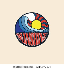 Sunshine retro beach wave vector illustration round sticker t shirt design
