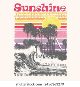 Sunshine Retro gradient vintage color shade, women's summer palm tree beach, big wave inside the beach resort, slogan typography Sunshine on my mind text, retro sunset and sunrise  colorful background