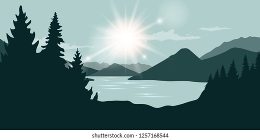 sunshine at the river and forest nature landscape vector ilustration EPS10