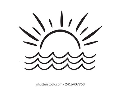 Sunshine and Sea ​​Waves, Sunshine, Ocean, Sun and Sea, Sea ​​Waves, Sunshine Cut File, Sunburst Clipart, Boho Sun Vector, Horizon Sunrise, Hand Drawn Sun, Wave And Sun 