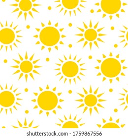 Sunshine seamless pattern. Sun with rays limitless white background with yellow flat cartoon summer sign. Repeat ornament for decorative paper wrap, fabric, print, wallpaper decor. Vector illustration