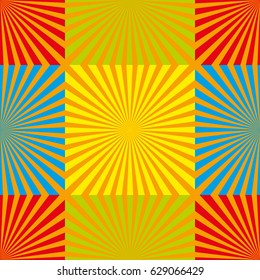 Sunshine seamless pattern. Vector background. Yellow rays on white background. Vector graphic.