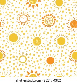 Sunshine Seamless Spotted Pattern. Childish Background with Yellow Doodle Suns. Summer Wallpaper for Kids Vector illustration