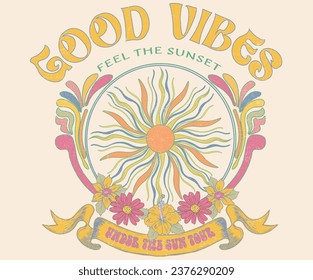 Sunshine sketch graphic print design for t shirt print, poster, sticker, background and other uses. Tropical flower print artwork. sun and moon. Summer good vibes design.