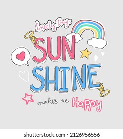 sunshine slogan with colorful icons on grey background for girl fashion print