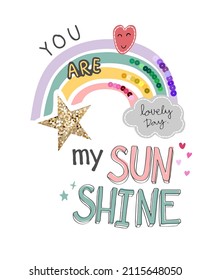 Sunshine Slogan With Rainbow And Colorful Sequins Vector Illustration