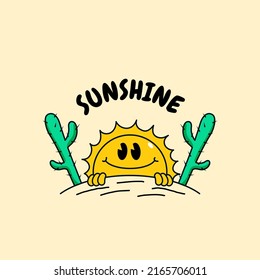 Sunshine smile sun rise in the morning on cactus land old school retro cartoon vector illustration