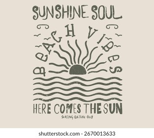 Sunshine soul. Here comes the sun. Sunshine paradise graphic print design. Beach modern abstract art. Summer vibes artwork.