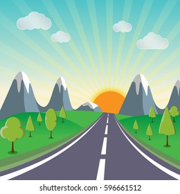 Sunshine spring landscape background with a road vector illustration