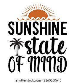  -sunshine state of mind-Vintage textured hand drawn sign with palm tree drawing. Handmade typographic summer art. Exotic tropical coastal decor. Sea shore vector illustration for print or poster.