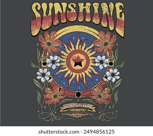 Sunshine, stay magical artwork. Flower with sun moon graphic print artwork. Stay wild. Floral artwork for t shirt print, poster, sticker, background and other uses. Sun, moon and star graphic design.